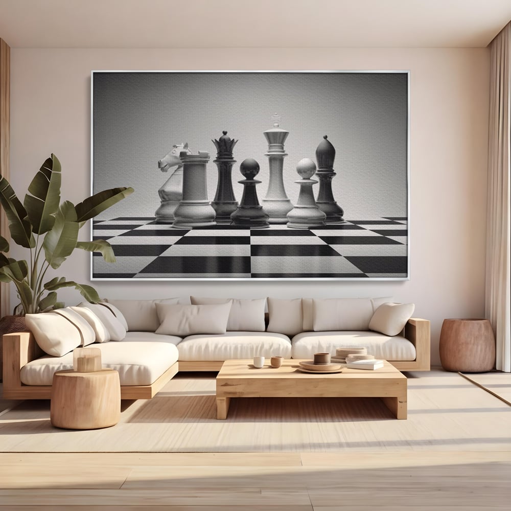 Tablou canvas cu tablou canvas cu piese de sah alb-negru, in rama de aluminiu argintiu, pe perete intr-un living